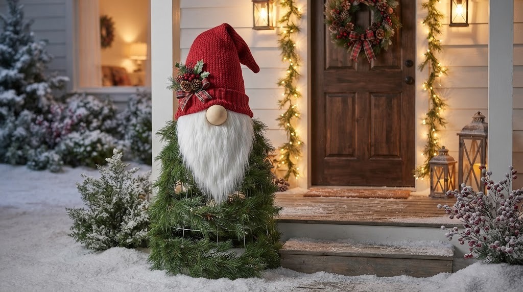 DIY Christmas gnomes for the porch made from a tomato cage and pine garland