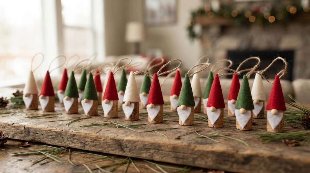Tiny gnomes made from wine corks with felt hats lined up on a board