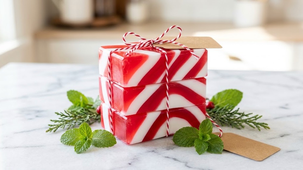 Red and white candy cane striped homemade soap bars with a peppermint look