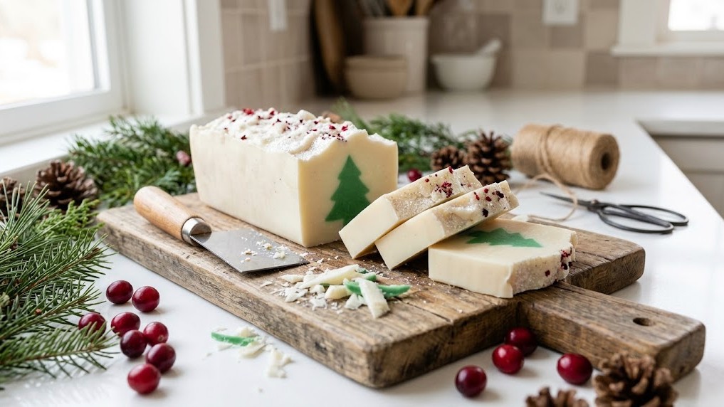 DIY Christmas soap loaf sliced to show a green pine tree shape inside each bar