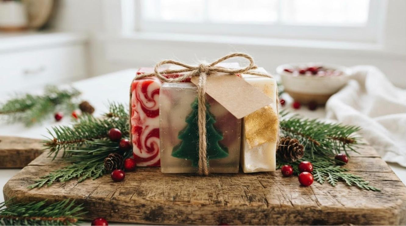 DIY Christmas soap bars with pine tree centers, candy cane swirls and gold shimmer tied with twine