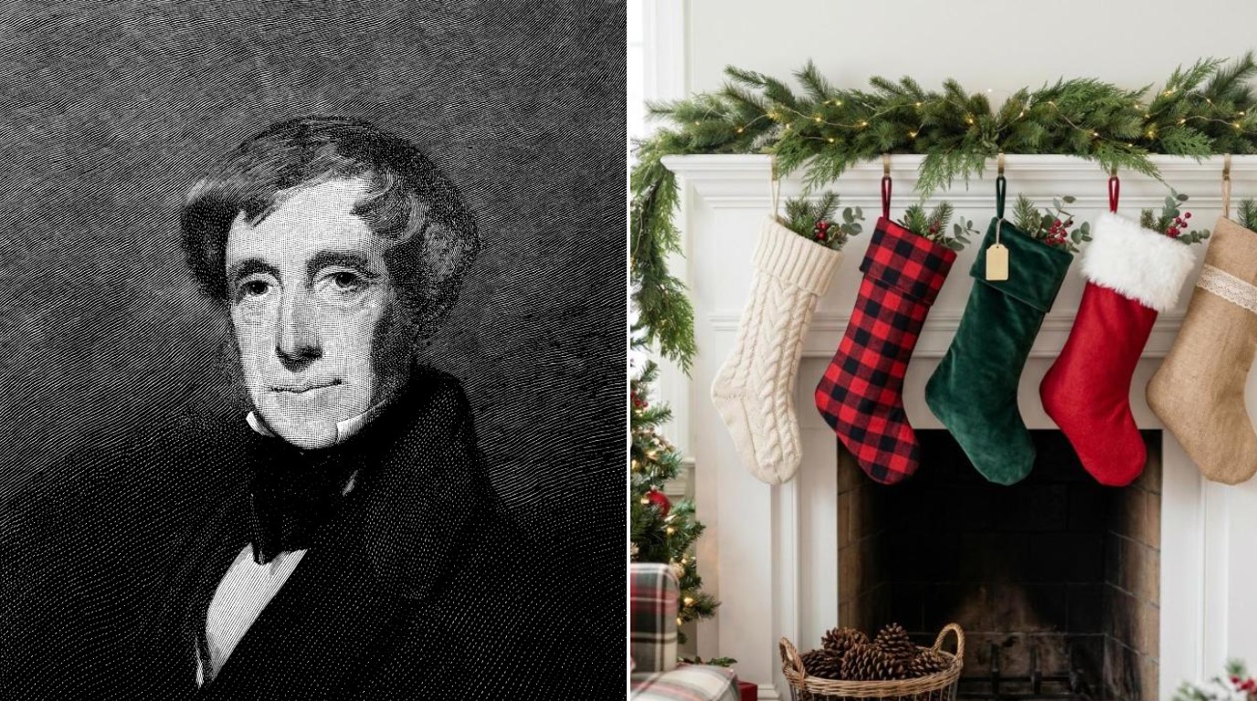 DIY Christmas stockings in knit, plaid, velvet, faux fur and burlap on a white mantel beside Clement Clarke Moore