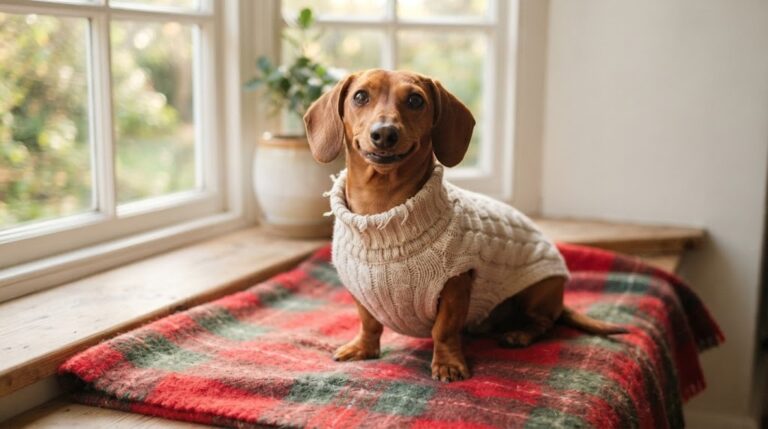 DIY Dog Sweaters: a happy dachshund wearing a cream cable knit sweater made from an old sweater sleeve on a plaid blanket