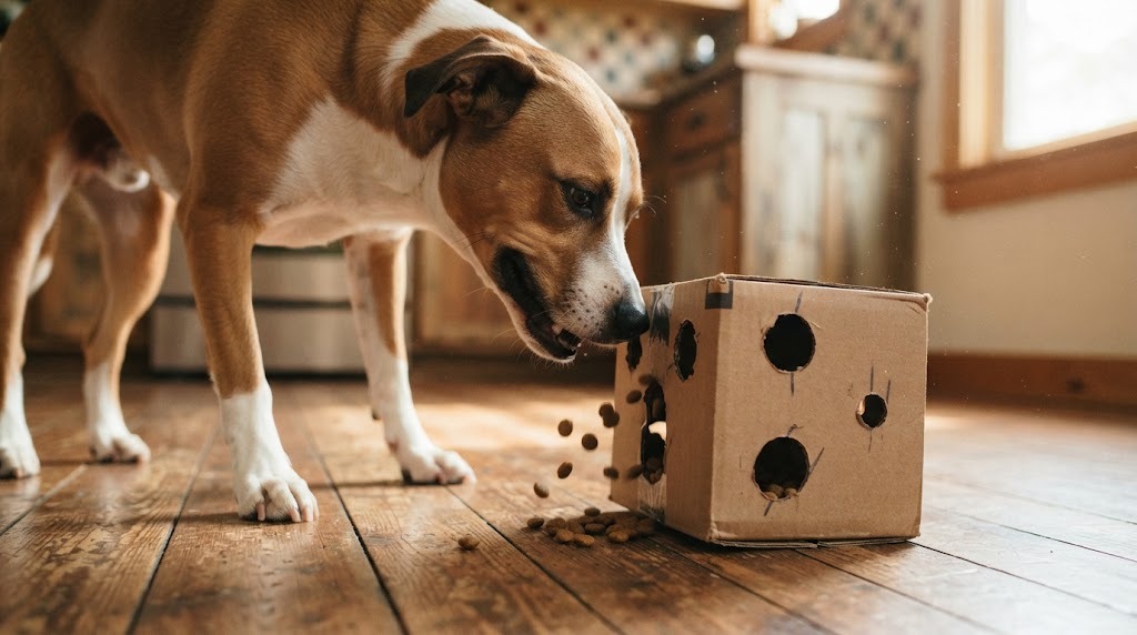 Handmade cardboard box treat dispenser with holes and kibble falling out as a dog nudges it