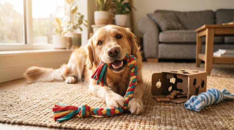 DIY dog toys: happy golden retriever tugging a colorful braided T-shirt rope toy on a sunny rug