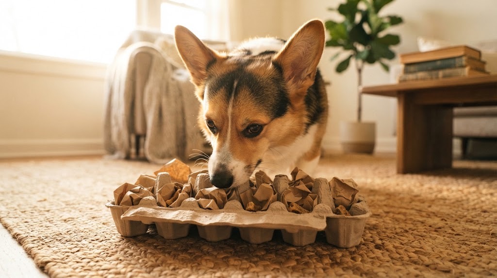 Cardboard egg carton puzzle with crumpled paper and hidden treats and a corgi sniffing it