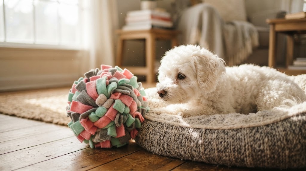 Soft DIY dog toys: a round knotted ball made from colorful fleece strips on a dog bed