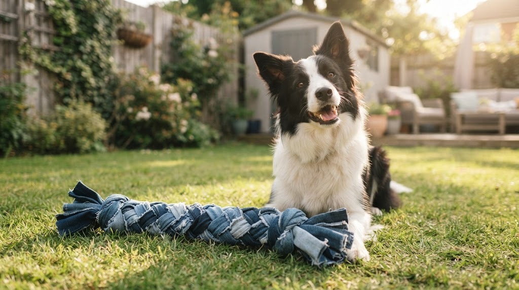 Braided tug toy made from strips of old blue denim jeans with a border collie on grass