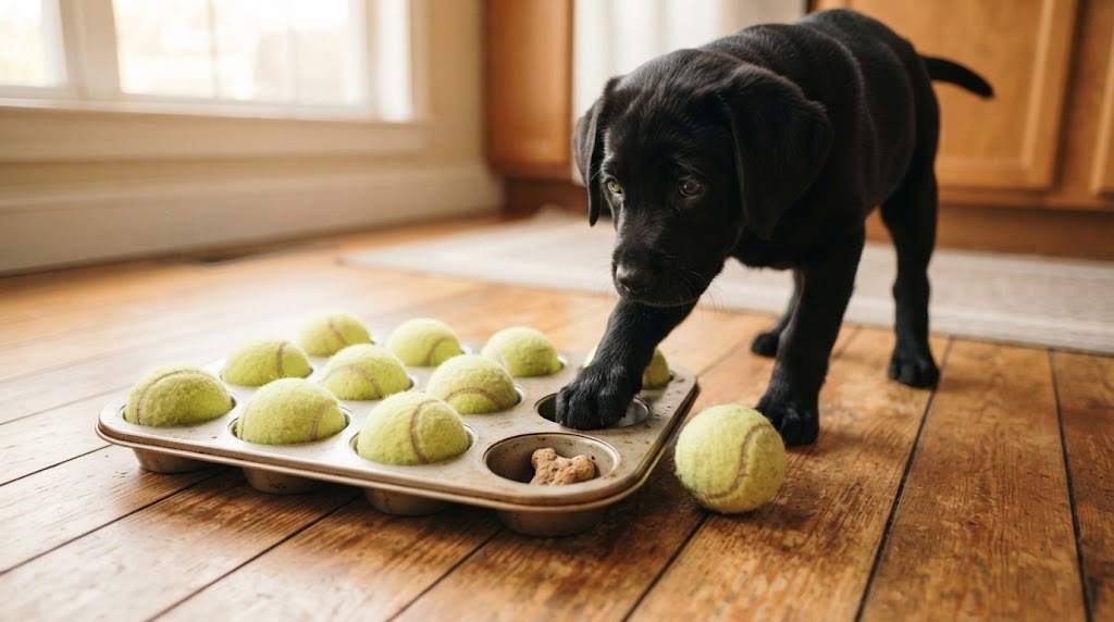 DIY dog toys idea: a muffin tin with tennis balls hiding treats and a puppy pawing at it