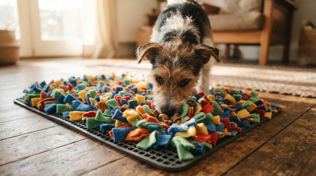 Homemade snuffle mat of colorful fleece strips with a small terrier sniffing for treats