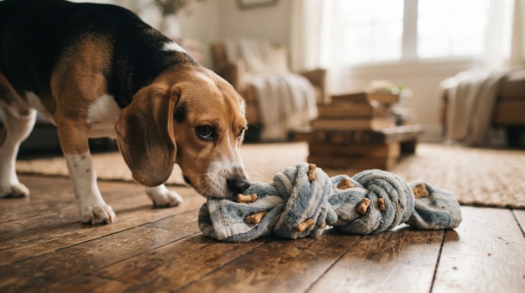 Rolled and knotted old towel dog toy with treats tucked in the folds and a beagle sniffing it