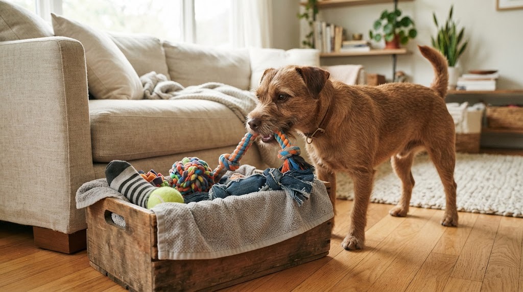 Crate for DIY dog toys: wooden crate of homemade dog toys with a happy brown dog choosing one