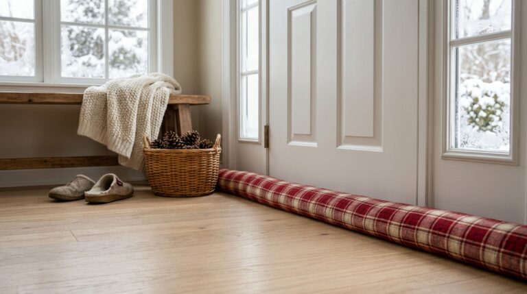 DIY draft stoppers: plaid fabric draft snake along the bottom of a white front door