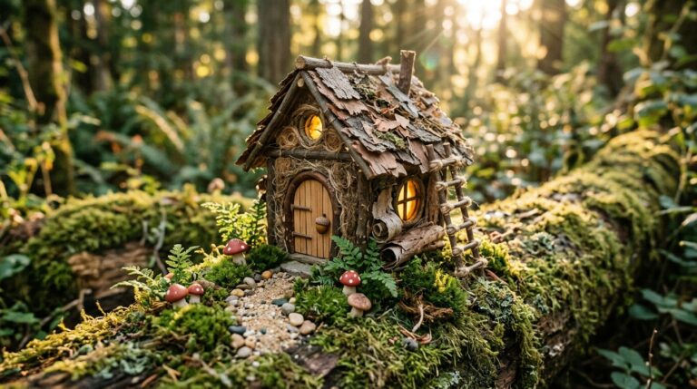 DIY fairy houses: twig and bark fairy cottage with a round door and glowing window on a mossy log