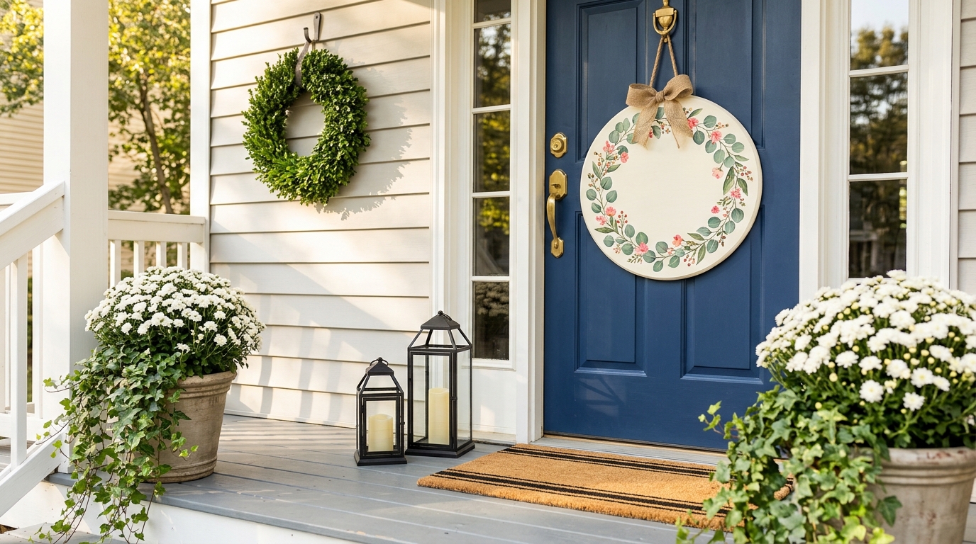 DIY front door signs: a round hand painted wooden sign with a floral wreath design hanging on a navy front door