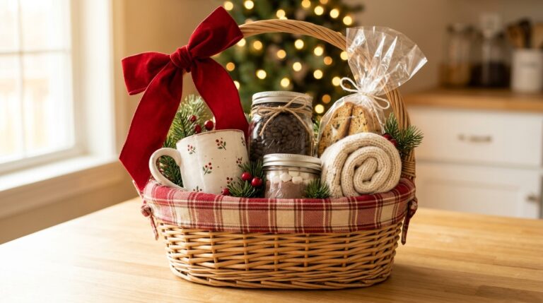 DIY gift baskets: a wicker coffee lover Christmas basket with a hand painted mug, coffee beans, cocoa and knit socks