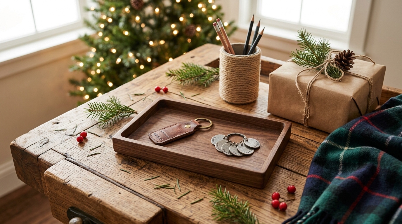 DIY gifts for dad: a wooden valet tray with a leather key fob and stamped tags on a rustic workbench