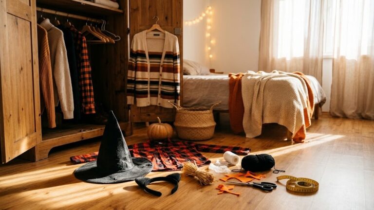 DIY Halloween costumes: an open closet with a plaid flannel shirt, striped cardigan, witch hat and costume supplies on a wooden bedroom floor