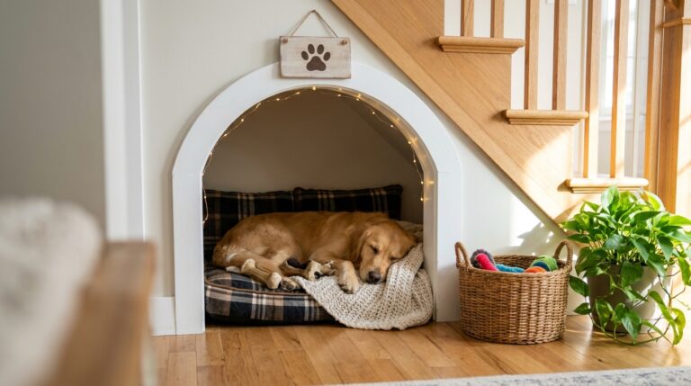 DIY pet hideaways: a golden retriever asleep in a cozy nook under a staircase