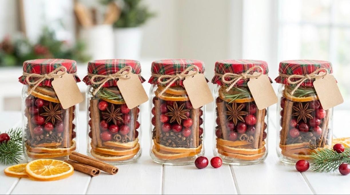 DIY simmer pot gifts in mason jars layered with dried orange, cranberries, cinnamon, star anise and cloves under plaid lids