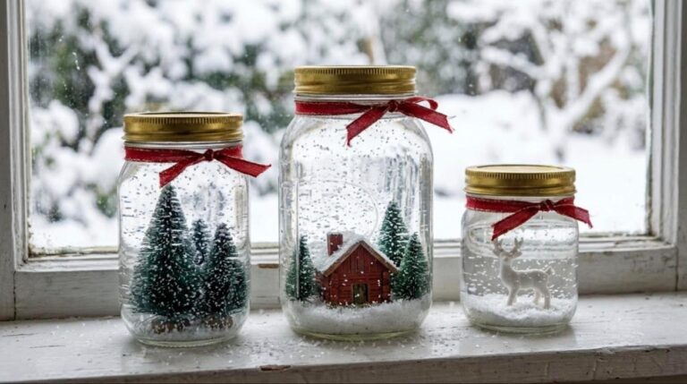 DIY snow globes: three glass jar snow globes with bottle brush trees, a red cabin and a white deer on a snowy windowsill