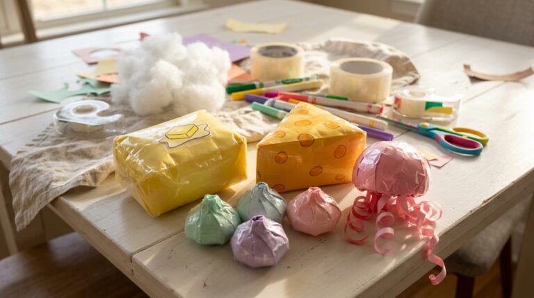 DIY squishies made from paper and tape, including a butter block, cheese wedge, dumplings and a jellyfish, on a sunny table