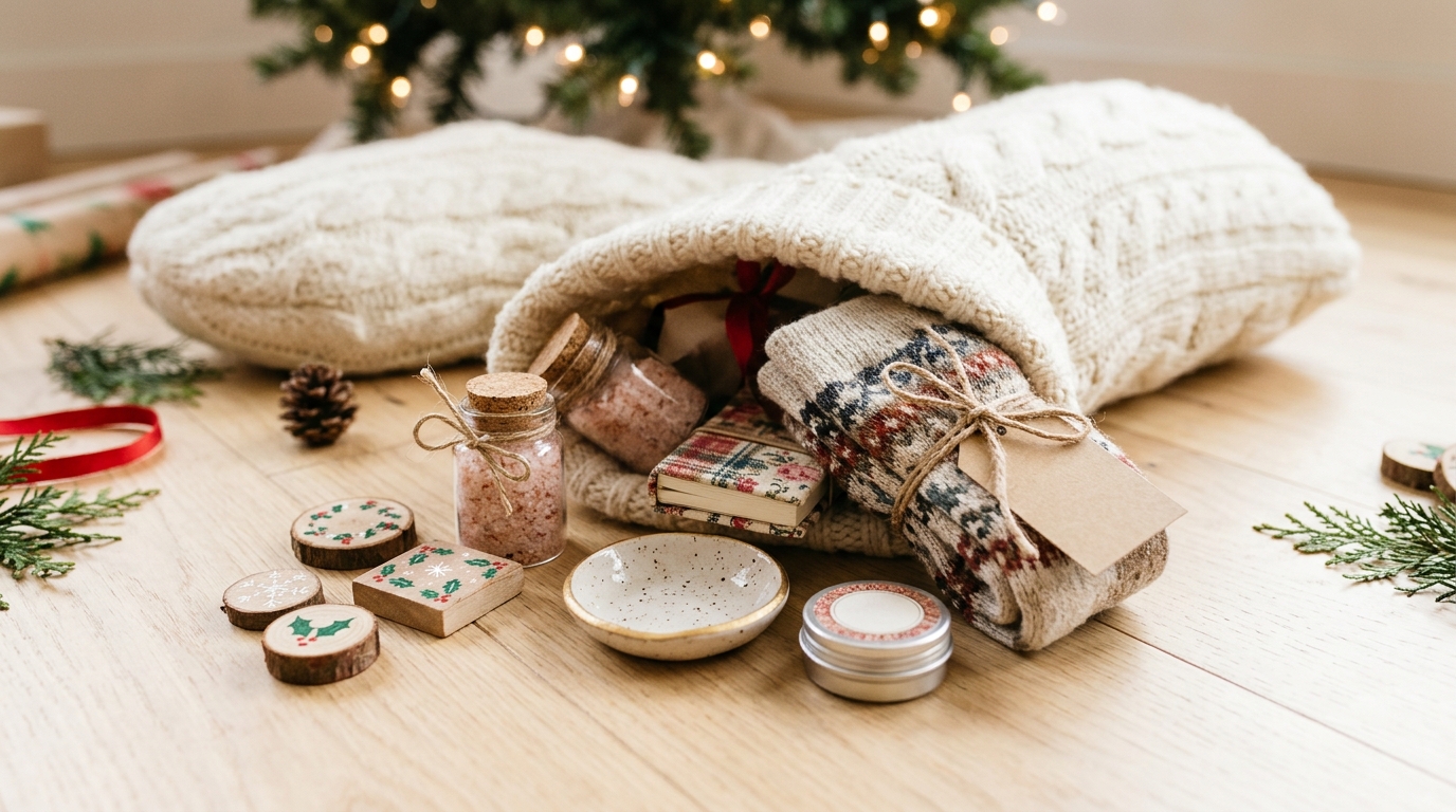DIY stocking stuffers spilling out of a cream knit Christmas stocking: bath salts, painted magnets, a clay dish and a lip balm tin