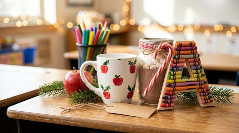 DIY teacher Christmas gifts: painted mug, cocoa jar and crayon letter on a classroom desk with an apple