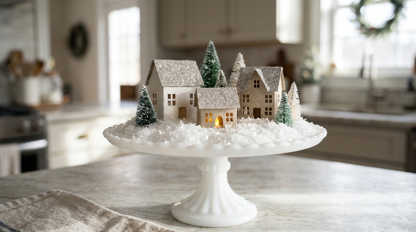 Small DIY Christmas village of paper houses and bottle brush trees on a white cake stand