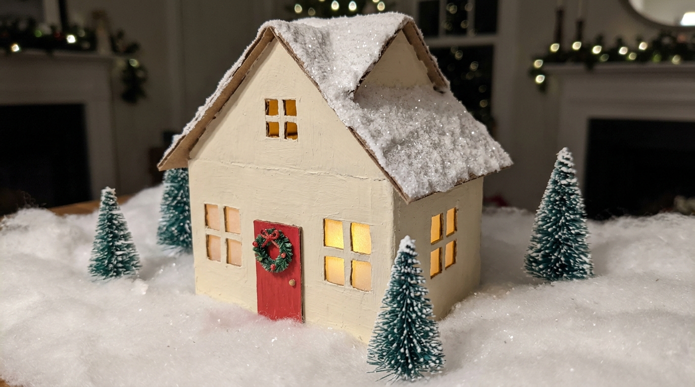 DIY Christmas village cardboard cottage with a red door, glitter roof and glowing LED window