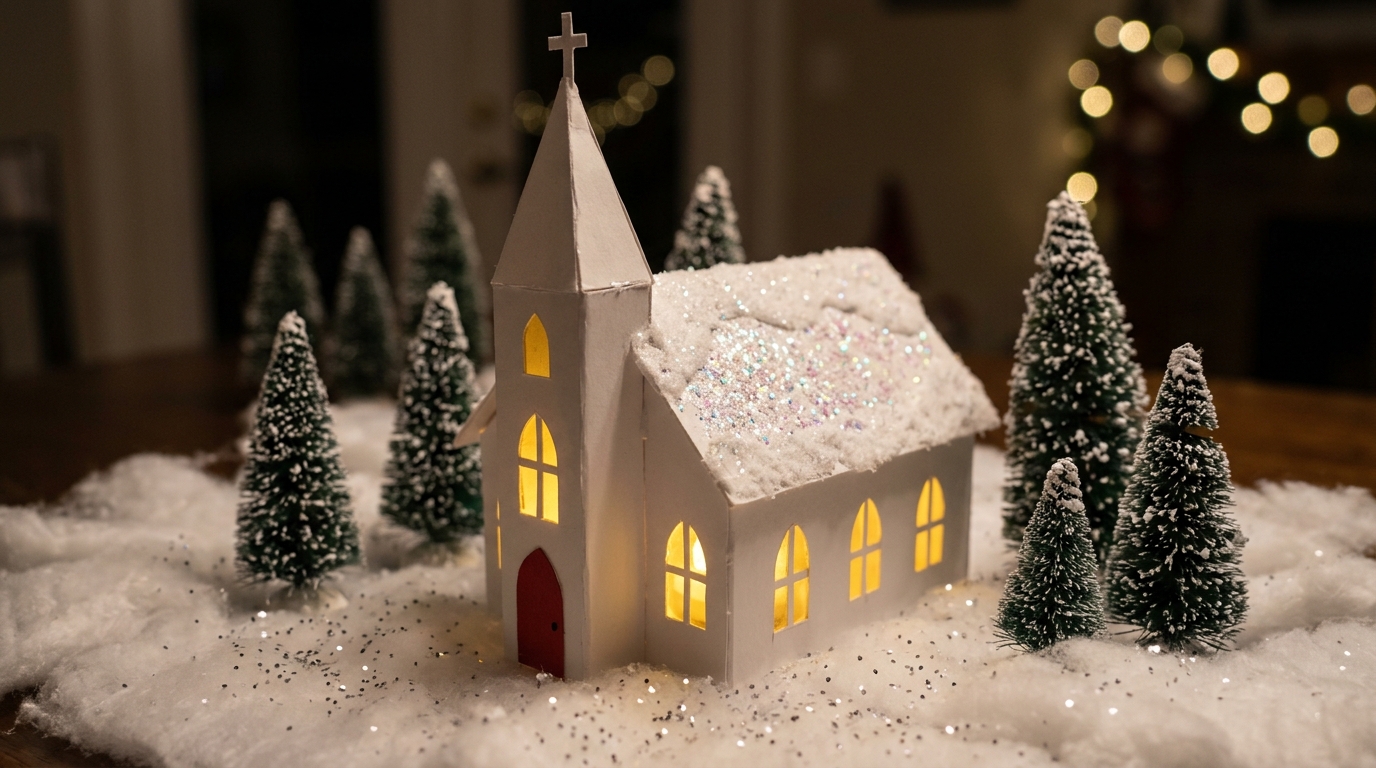 Small white church made from a cereal box with a tall steeple and glowing arched windows