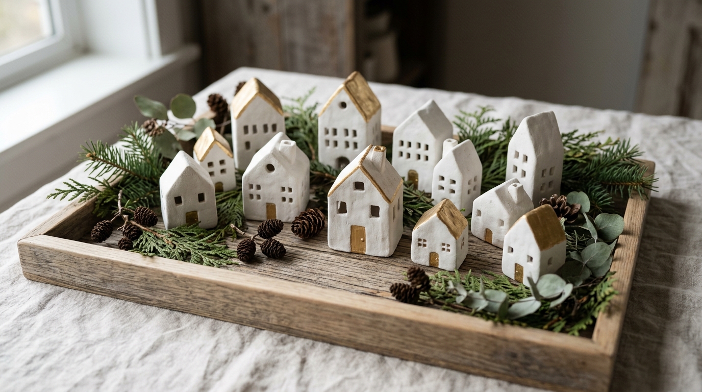 Group of small white air dry clay village houses with cut out windows on a wooden tray