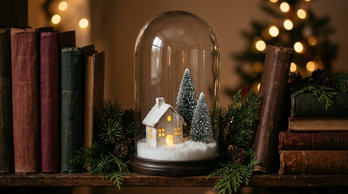 DIY Christmas village scene under a glass cloche with one glowing white house on a bookshelf