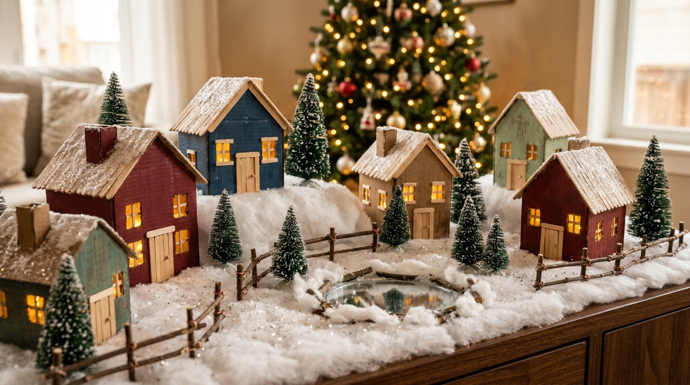DIY Christmas village of glowing cardboard and popsicle stick houses with bottle brush trees and a mirror pond