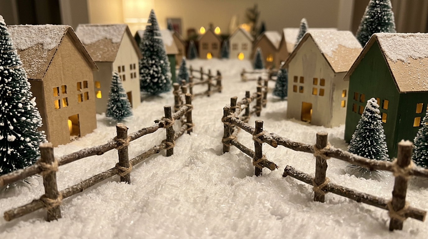 Tiny rustic fence made from twigs tied with twine winding through a snowy handmade village