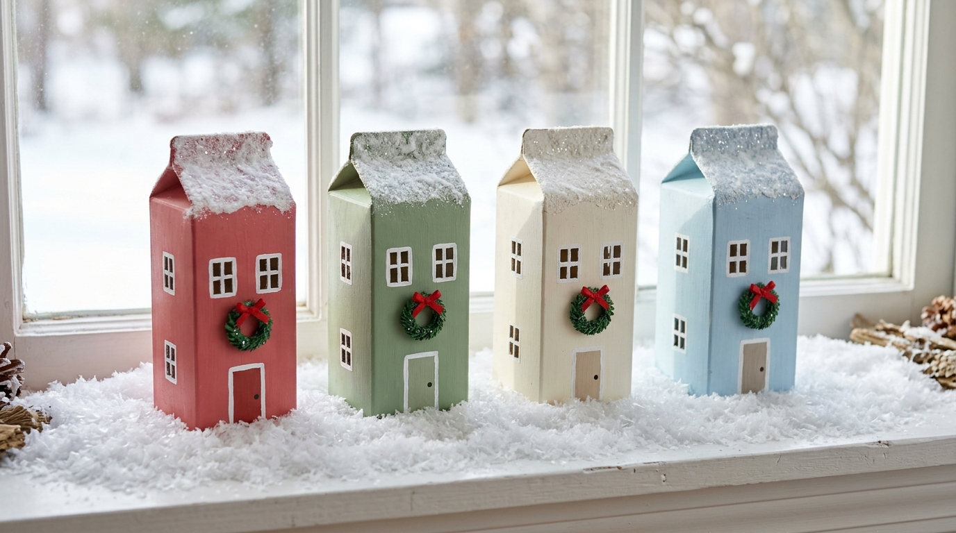 DIY Christmas village row of tall milk carton houses painted red, green, cream and blue on a snowy windowsill