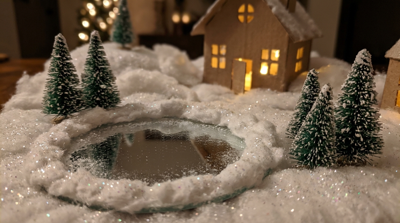Small round mirror used as a frozen pond with cotton snow and tiny trees in a handmade village