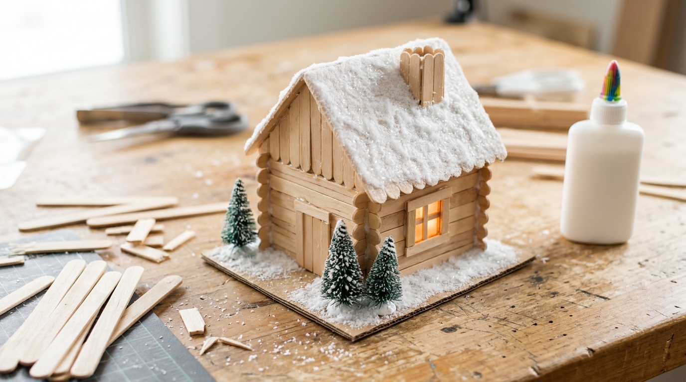 Tiny log cabin made from wooden popsicle sticks with a snowy roof and glowing window