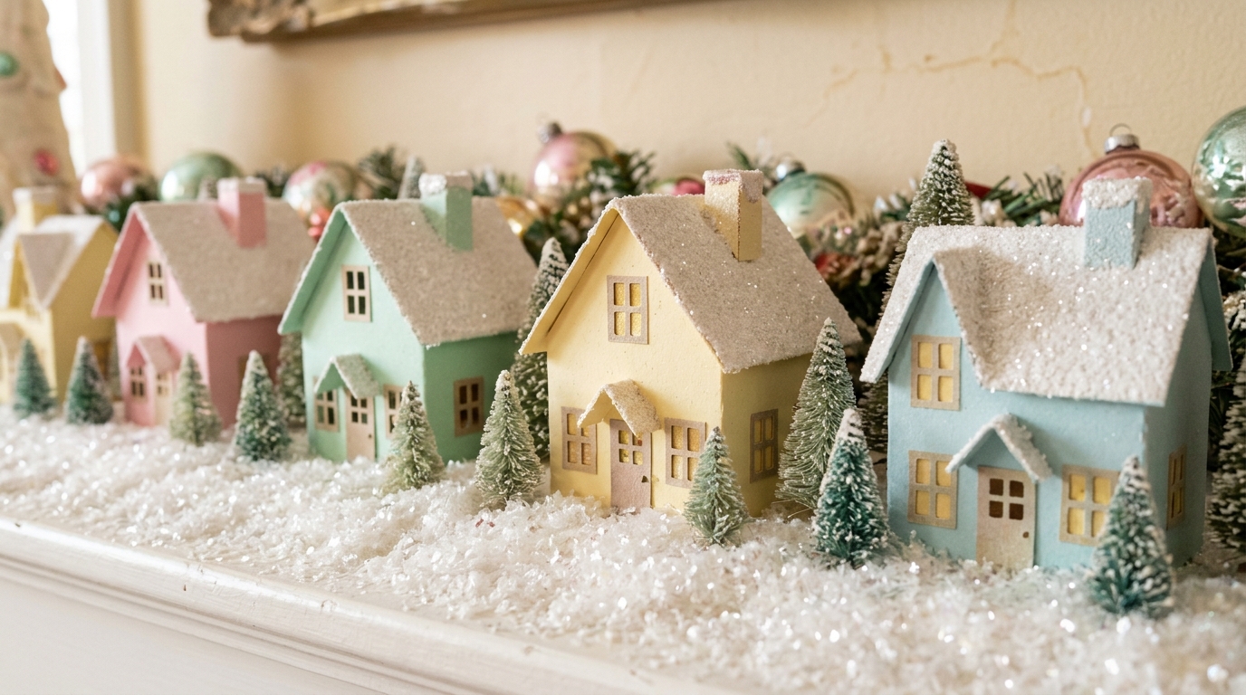 DIY Christmas village of pastel paper putz houses with glittery white roofs and bottle brush trees