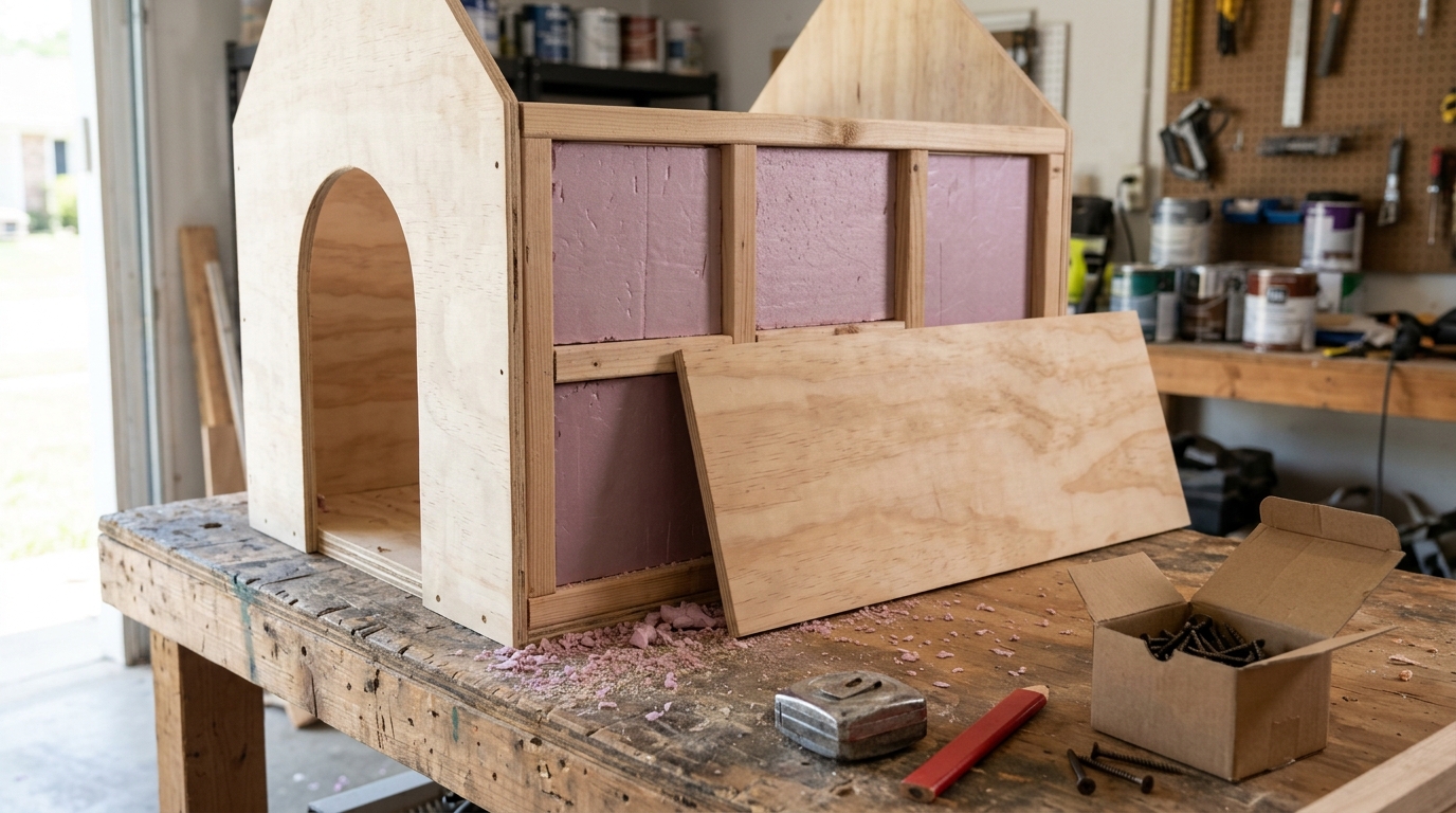 Insulated DIY dog house frame on a workbench with pink foam board fitted between the studs