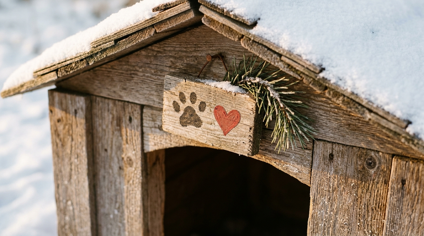 Hand painted paw print and heart plaque above a snowy dog house door