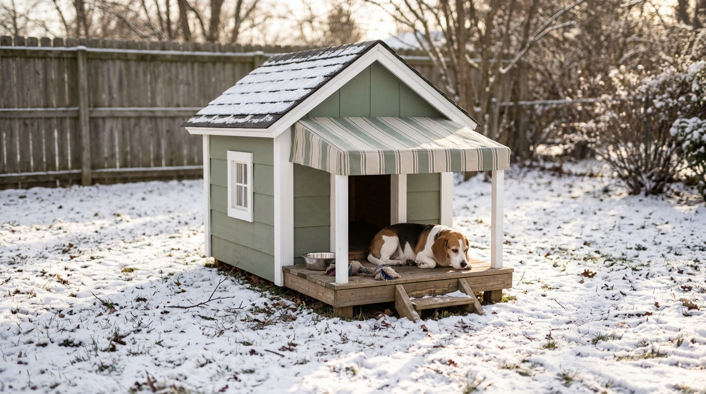 Sage green dog house with a small porch deck and striped awning and a beagle lying on it