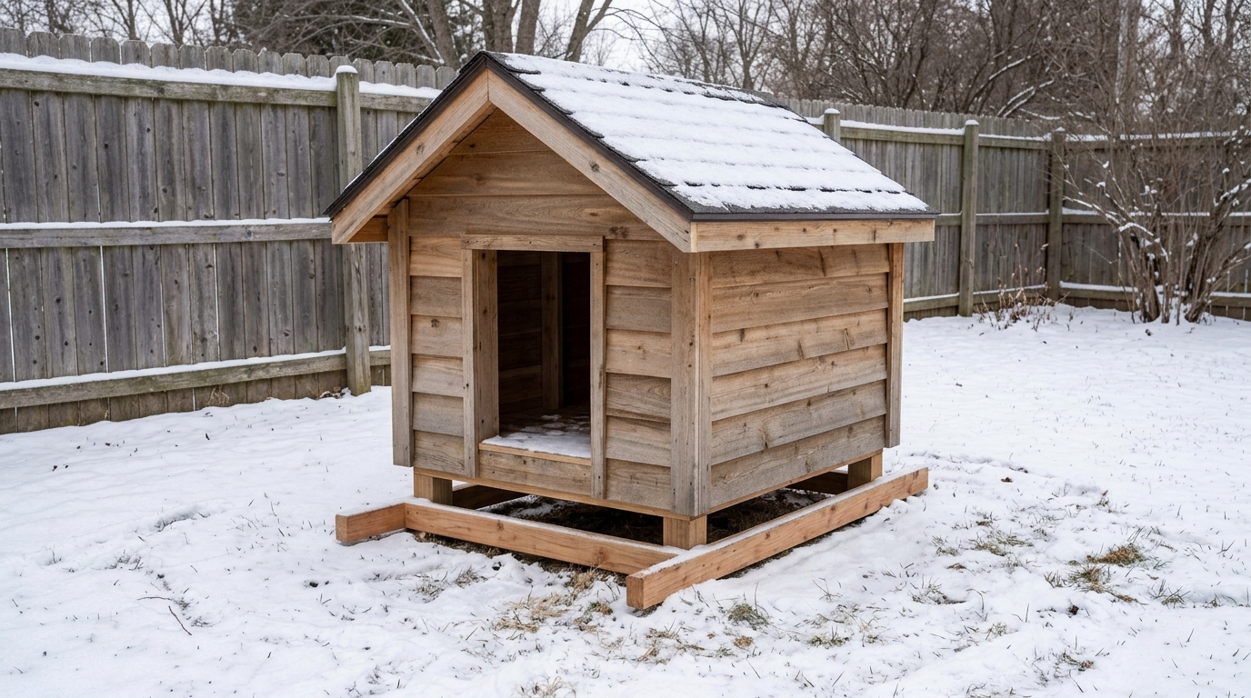 Insulated DIY dog house raised off the snowy ground on 2x4 runners