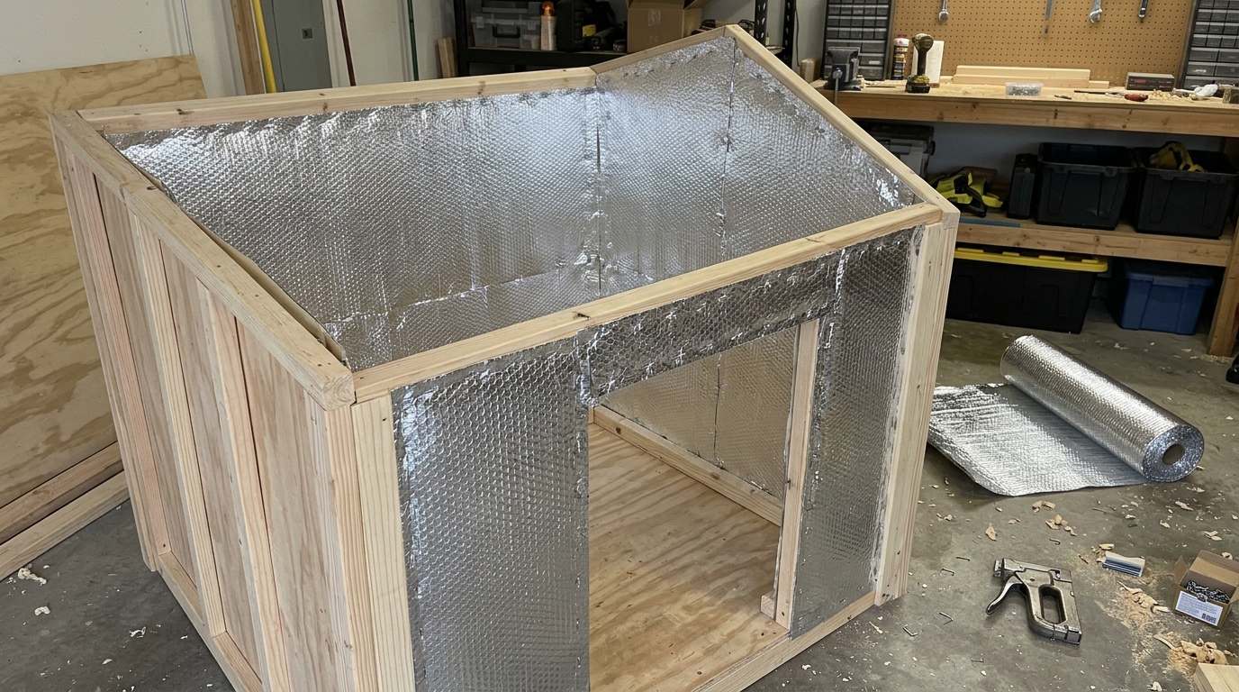 Insulated DIY dog house lined inside with silver reflective foil