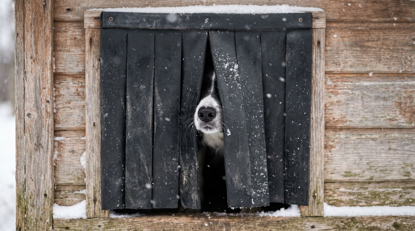 Border collie peeking through a rubber strip flap door on a wooden dog house