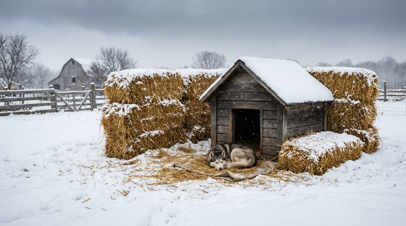 Wooden dog house sheltered by a wall of straw bales in the snow with a husky resting