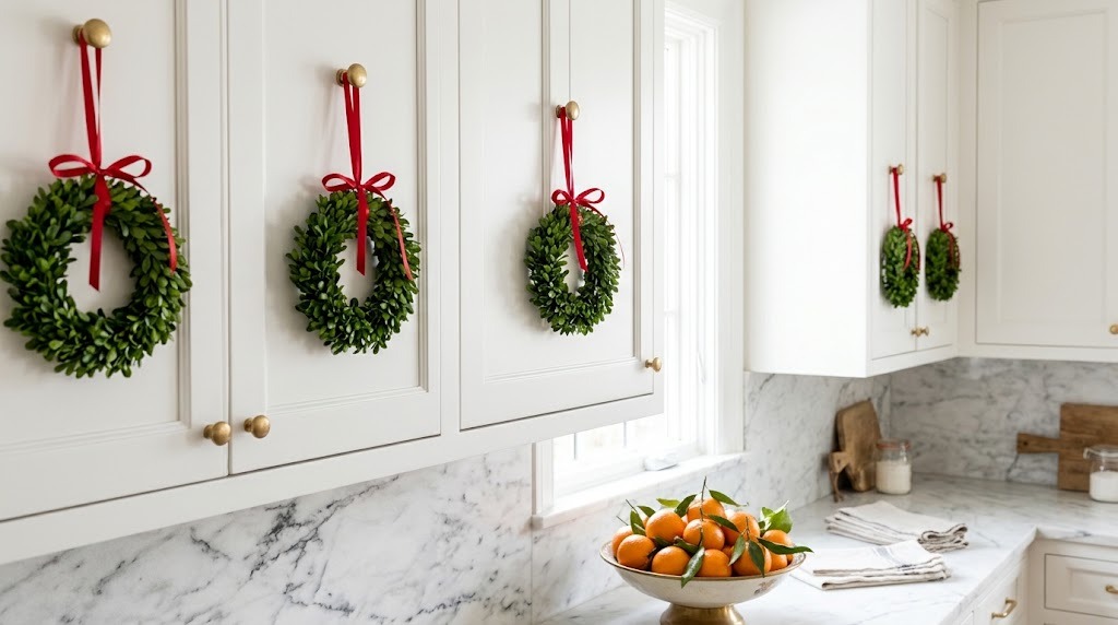 Dollar Store Christmas Decor mini boxwood wreaths hanging on red ribbon from white kitchen cabinet knobs