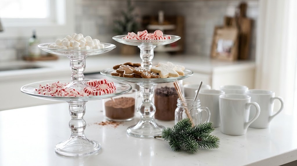 Homemade glass cake stands holding marshmallows, peppermints and cookies on a hot cocoa bar