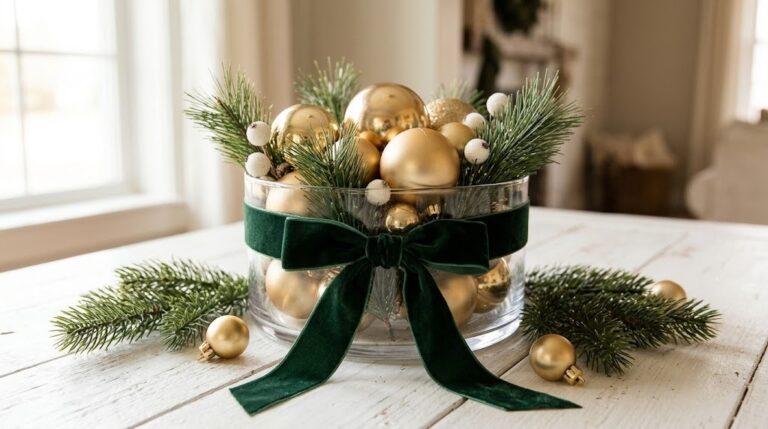Dollar Store Christmas Decor centerpiece of gold painted ornaments, faux pine and a green velvet bow in a glass bowl