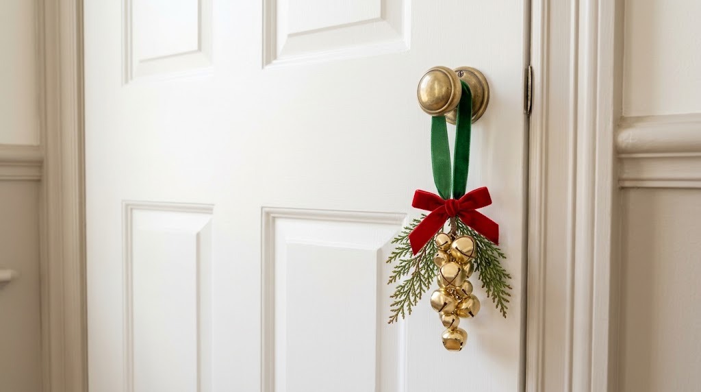 Green velvet ribbon doorknob hanger with gold jingle bells and a red bow on a brass knob